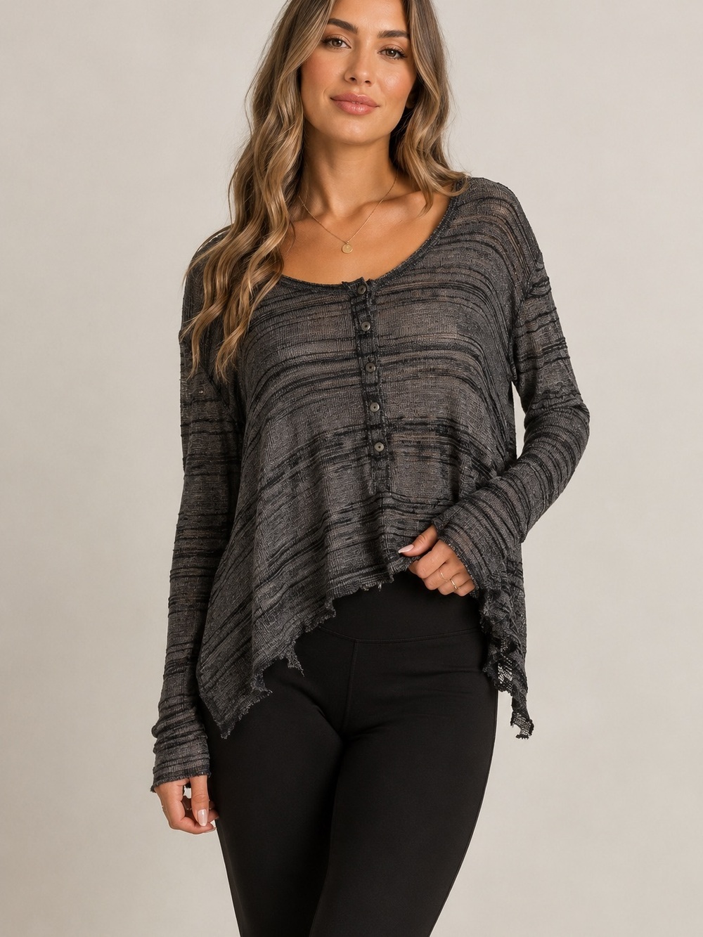 Free People Lightweight Knit Henley Top | Charcoal Space Dye | Boho Oversized